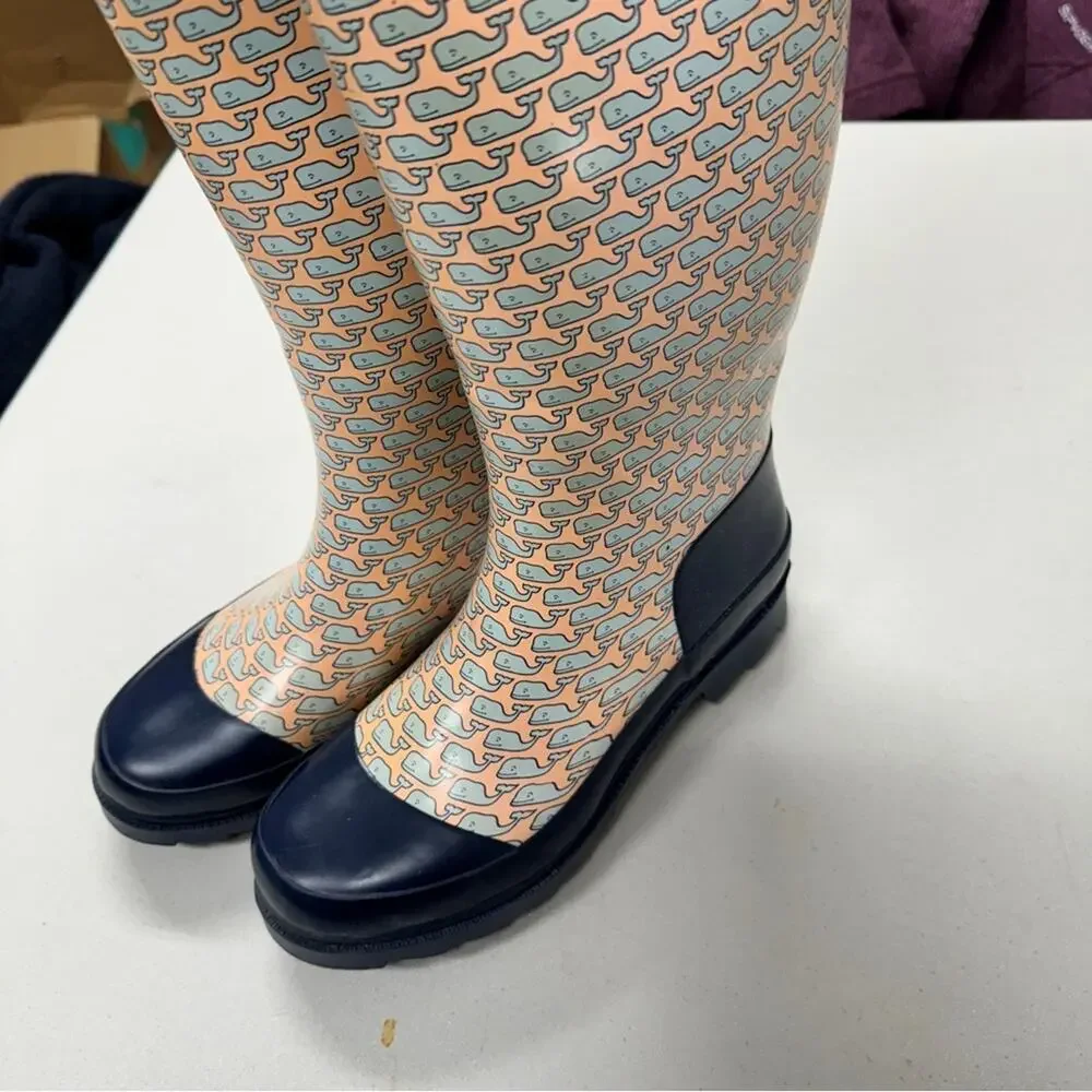 Vineyard Vines Orange Blue Wale Print Rubber Tall Rain Boots Womens 5 Classic